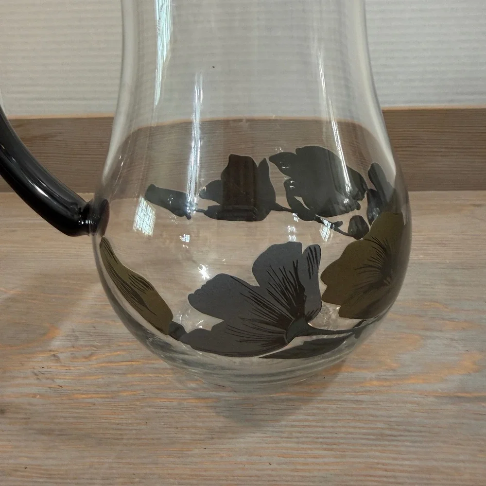 Vintage Arcoroc Hand Blown Glass Pitcher Black Handle Floral Charcoal Olive Gold